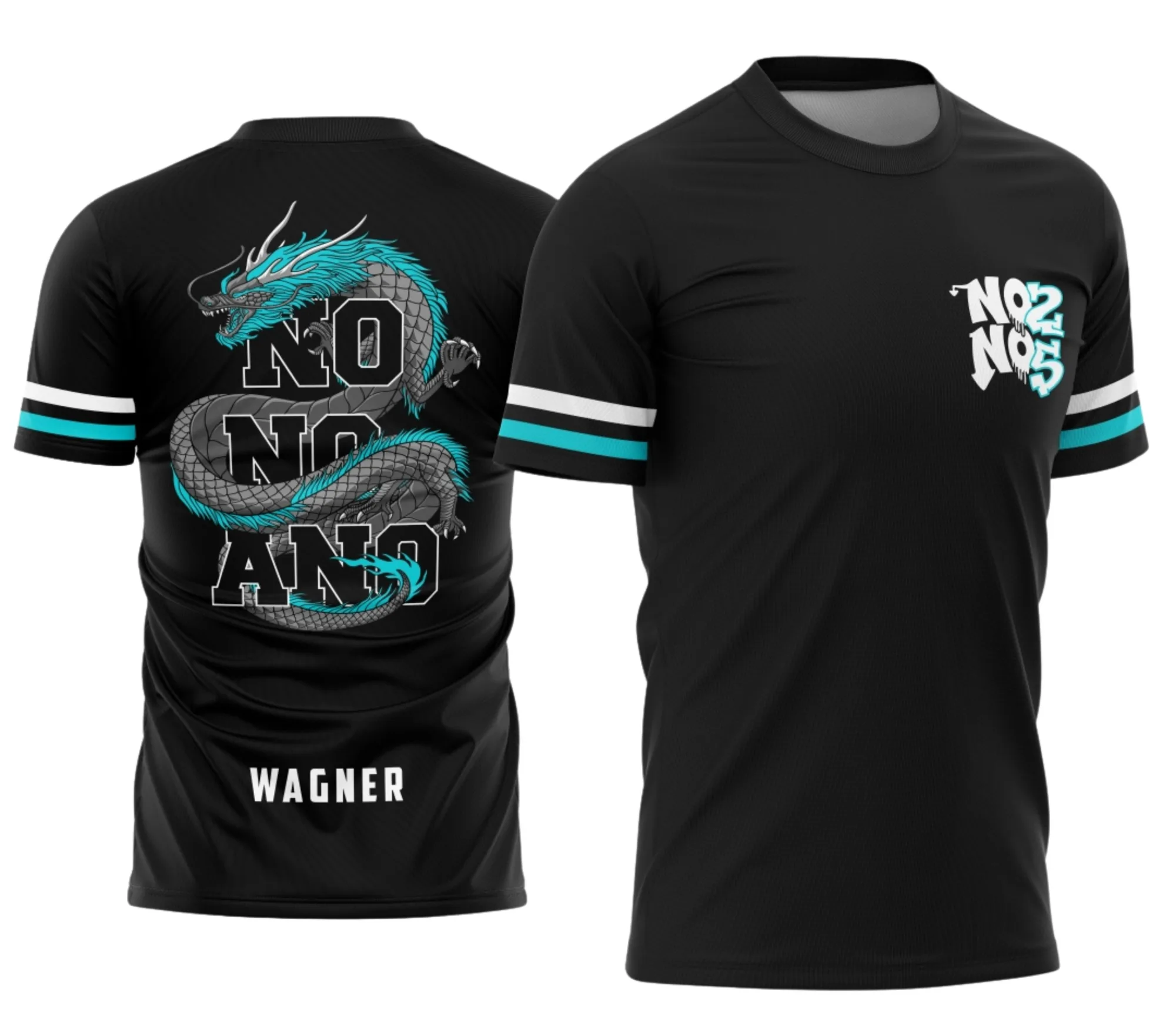 Camiseta unissex preta com logo no peito e estampa grande nas costas com tema Nono Ano Dragão modelo 2, perfeita para eventos escolares e clima descontraído.