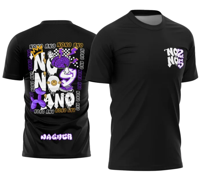 Camiseta preta unissex com logo no peito e estampa grande nas costas do tema Camisa do Nono Ano Dog Bexiga, ideal para uso escolar e eventos da turma.