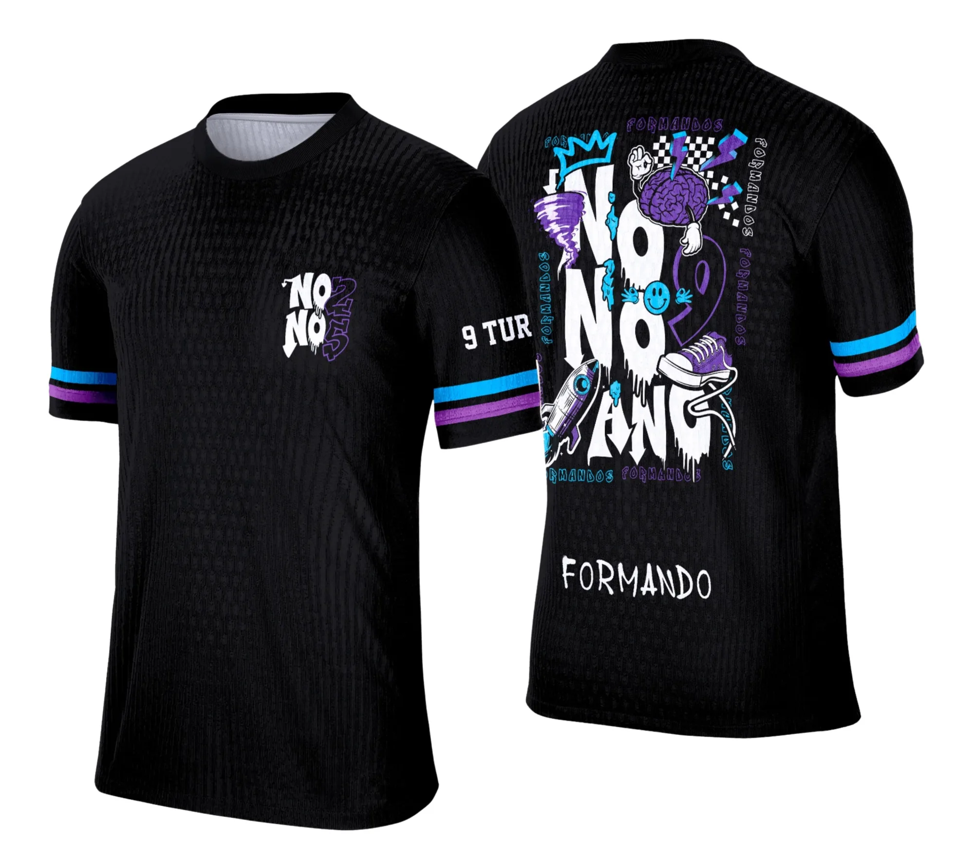 Camiseta unissex preta com logo no peito e estampa grande nas costas com tema do Nono Ano Graffit Foguete, ideal para eventos escolares e turmas com estilo urbano.