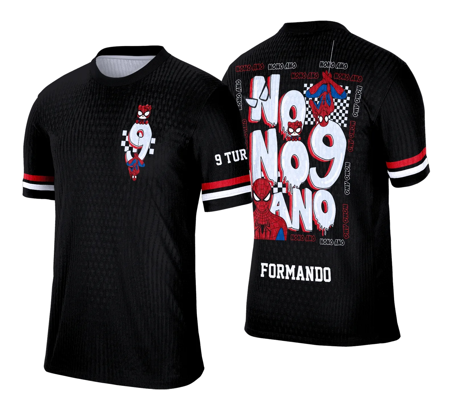 Camiseta unissex preta com logo do Homem Aranha no peito e estampa grande nas costas, perfeita para fãs do Nono Ano, design vibrante e moderno.