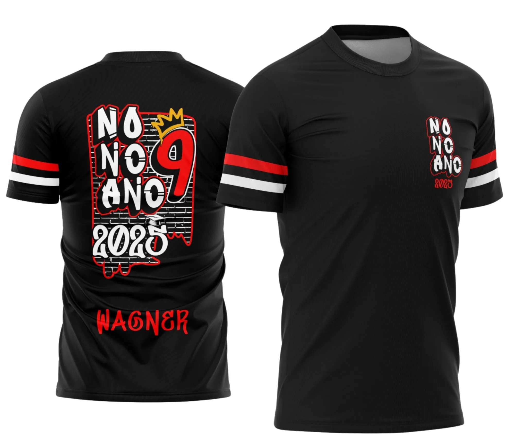 Camiseta unissex preta com logo no peito e estampa grande nas costas com desenho graffiti de coroa, tema do Nono Ano Graffiti Coroa, ideal para estudantes e fãs urbanos.