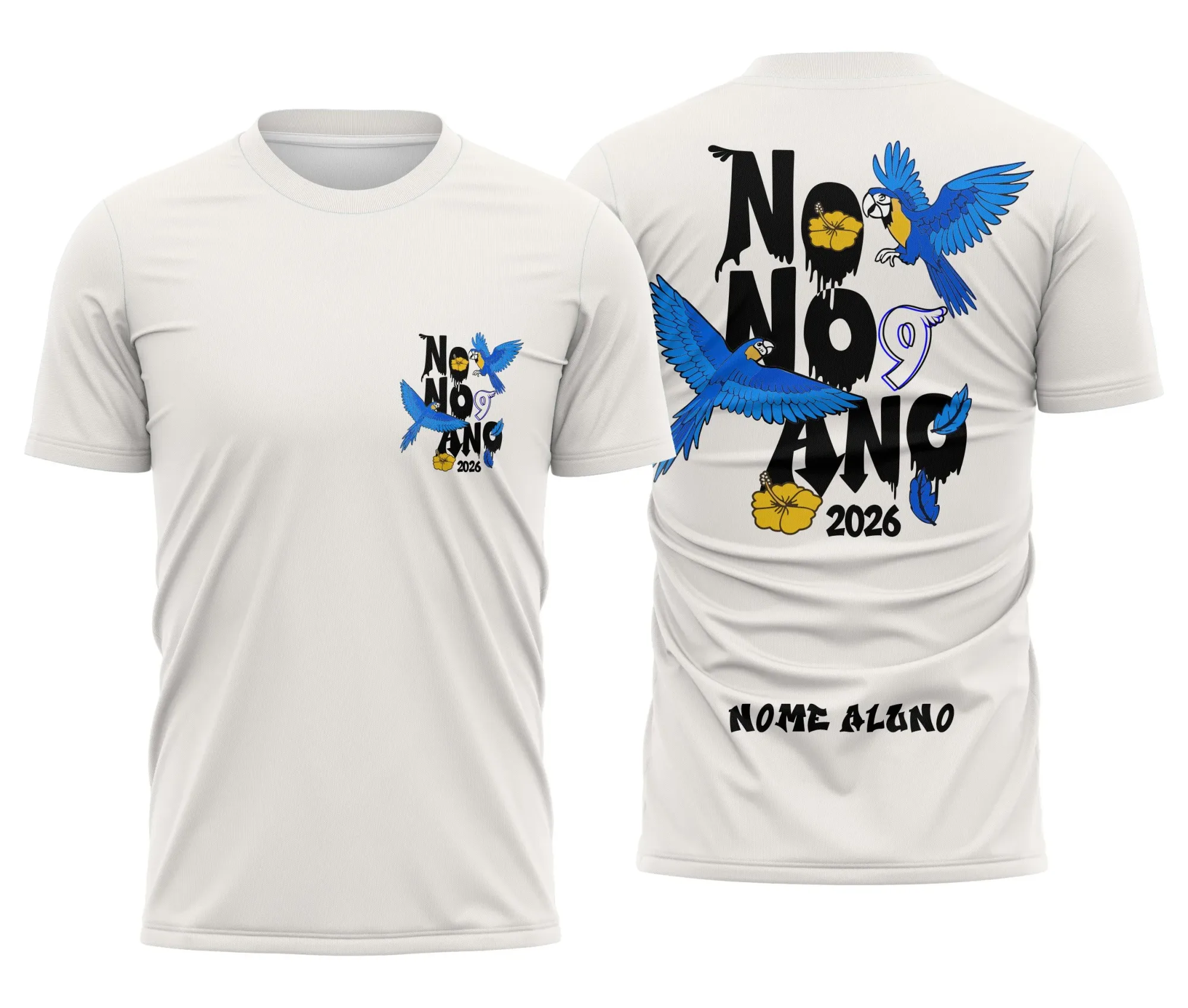 Camiseta unissex preta com logo no peito e estampa grande nas costas do tema Nono Ano Arara Azul, ideal para estudantes que querem estilo e personalidade.