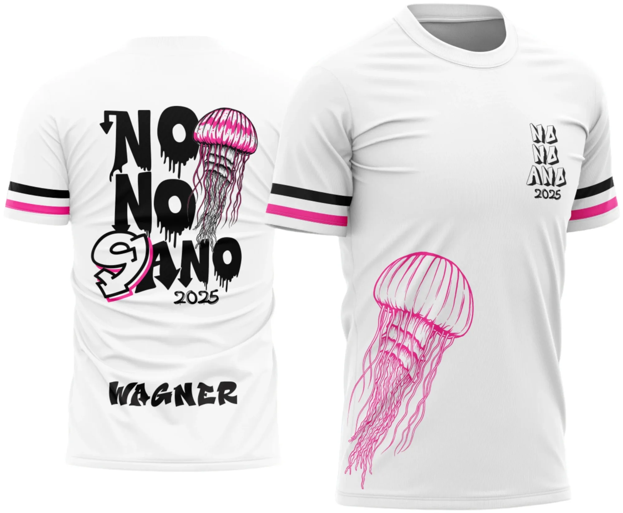 Camiseta unissex preta com logo no peito e estampa grande nas costas inspirada no Nono Ano Água Viva modelo 2, perfeita para estudantes e eventos escolares