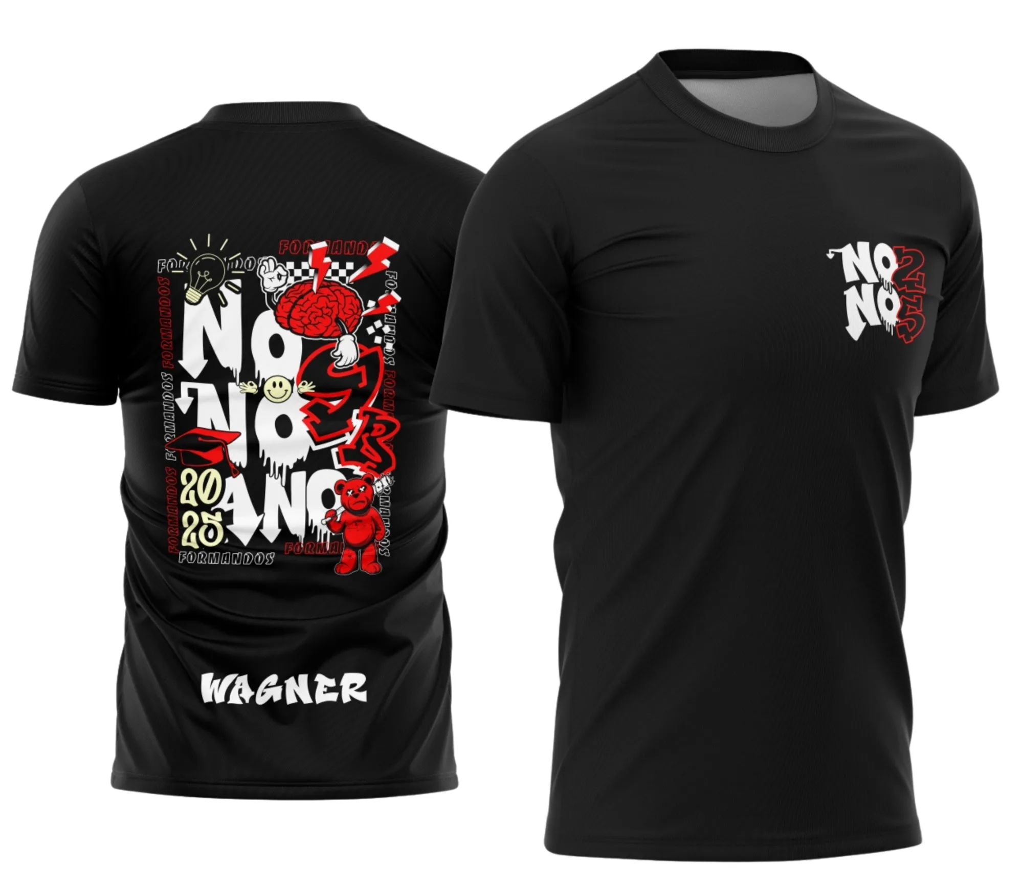 Camiseta unissex na cor branca com logo no peito e estampa grande nas costas mostrando tema de formandos do nono ano com urso em destaque.