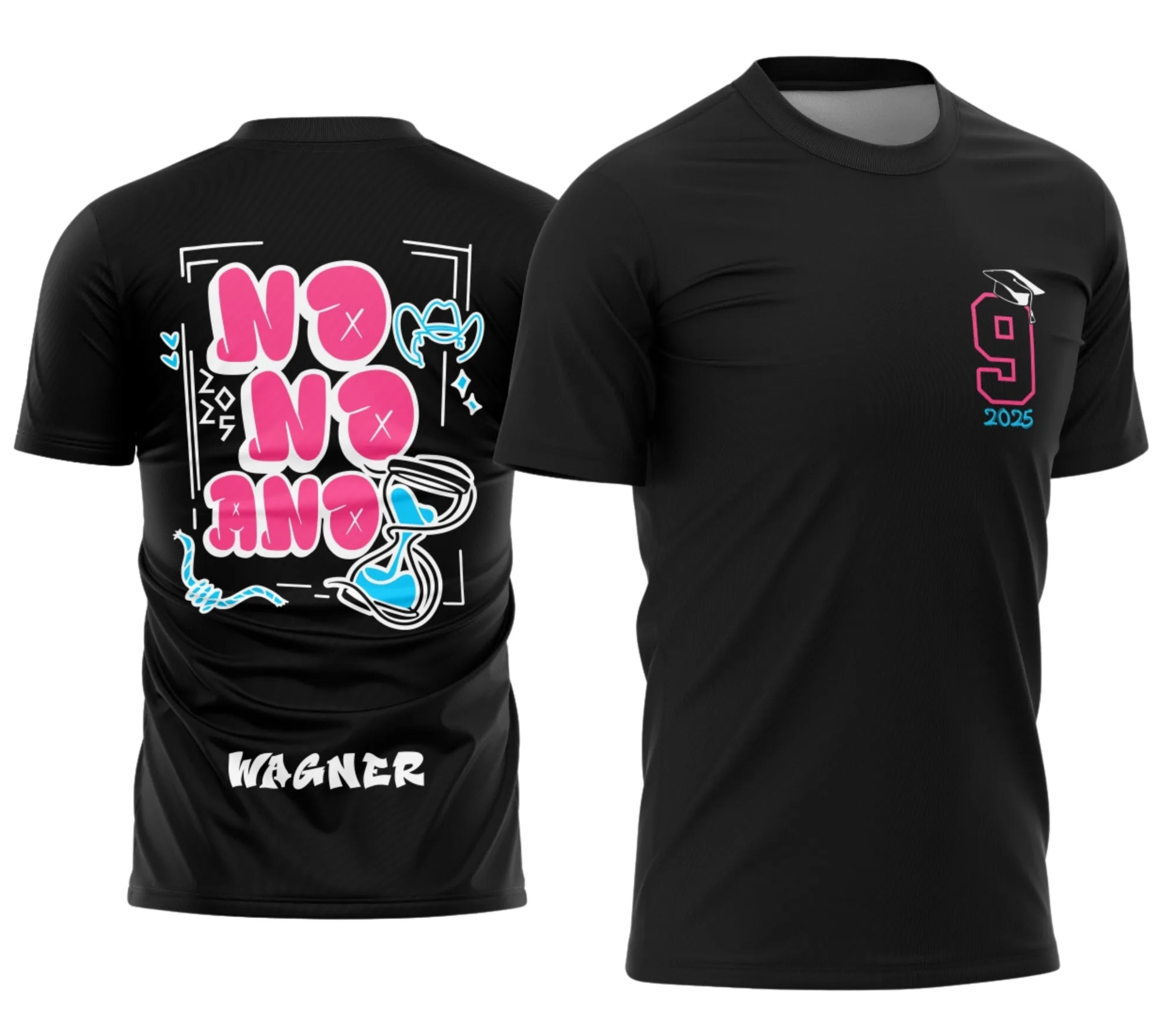 Camiseta unissex preta com logo no peito e estampa grande nas costas mostrando o tema Nono Ano 2026 Ampulheta Modelo 2 em design moderno e vibrante.