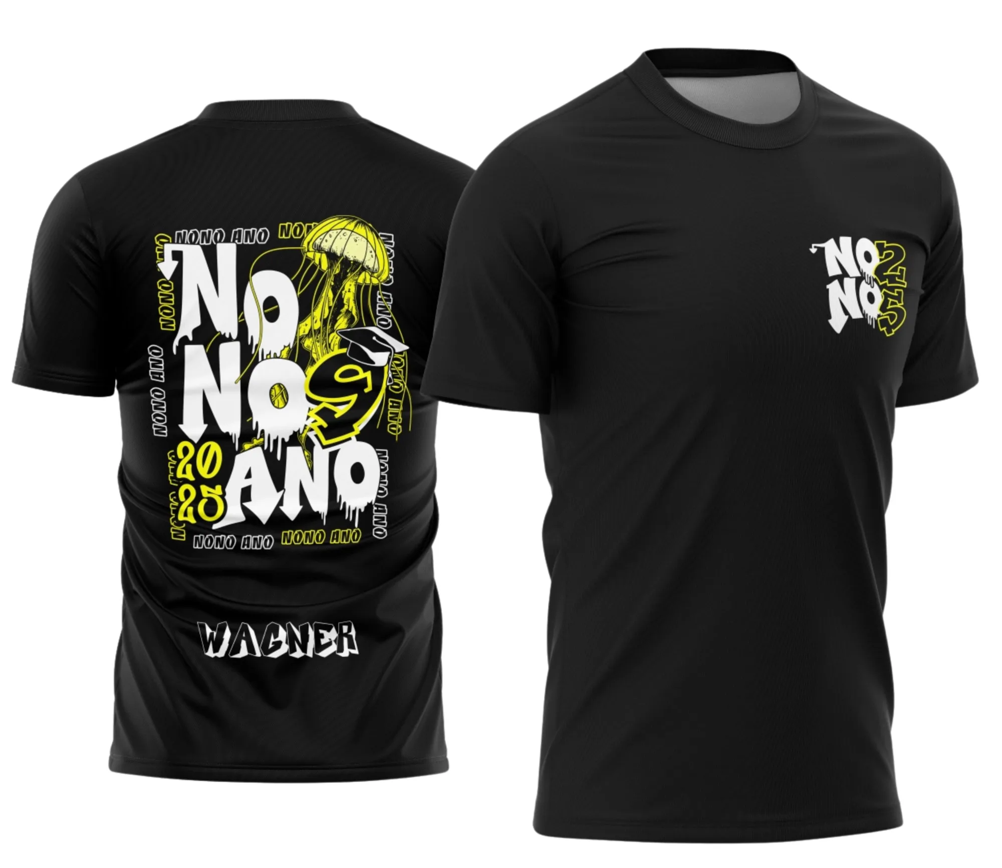 Camiseta unissex branca com logo no peito e estampa grande nas costas, tema Nono Ano Água Viva modelo 3, design moderno e vibrante, perfeita para uso casual e eventos escolares.