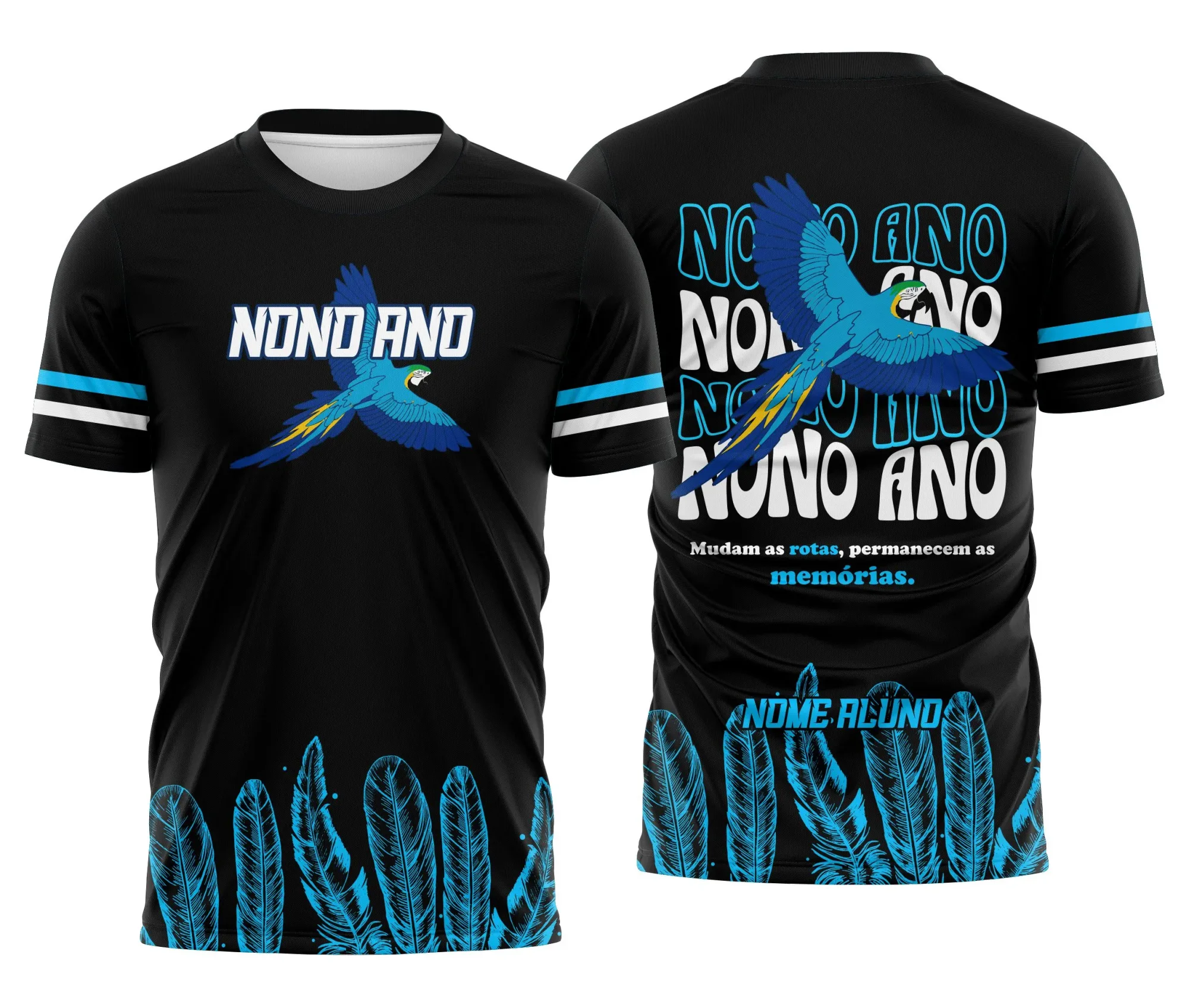 Camiseta preta unissex com logo no peito e estampa grande nas costas de Arara Azul, ideal para alunos do Nono Ano, design vibrante e moderno.
