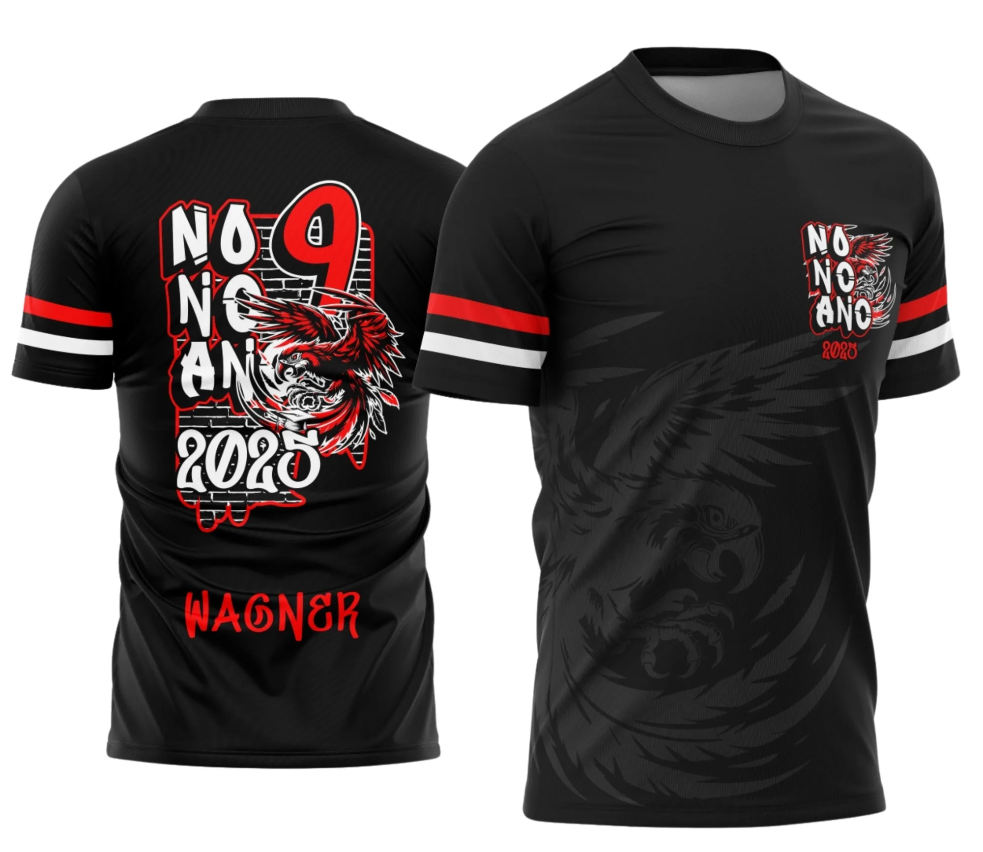 Camiseta unissex preta com logo no peito e estampa grande nas costas mostrando design com graffite e arara vermelha para formandos do nono ano.