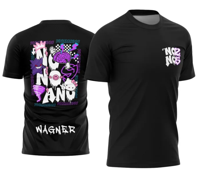 Camiseta unissex preta com logo no peito e estampa grande nas costas com tema do Nono Ano Gengar 2026, estilo moderno e descolado.