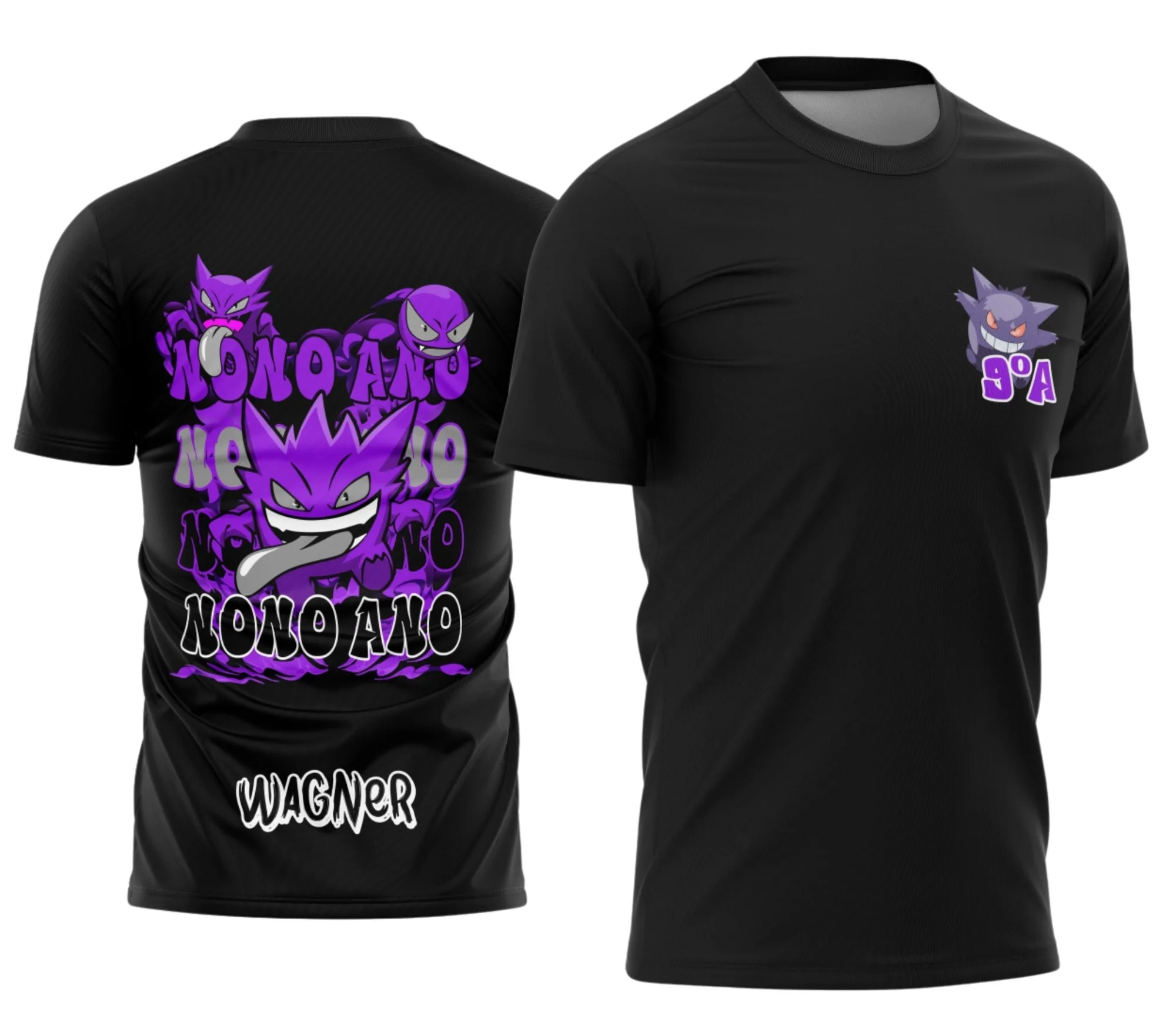 Camiseta preta unissex com logo no peito e estampa grande nas costas do tema Camisa Nono Ano Gengar 2026 modelo 2, perfeita para fãs e turma do ano de 2026.